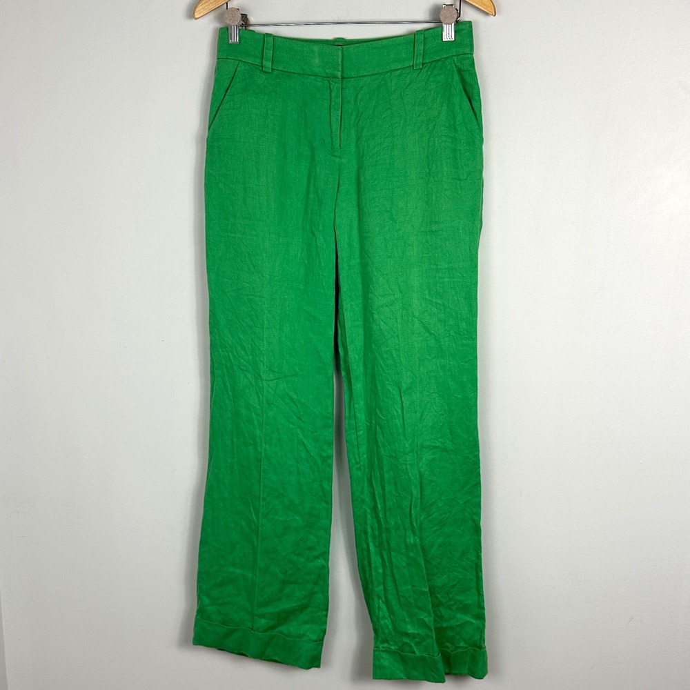 J. Crew 100% Linen City Fit Pants Womens Size 0 Wide Leg Cuffed Green Trousers‎